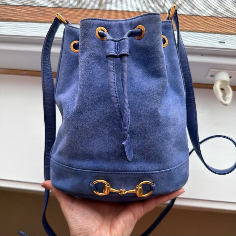 Gucci Tom Ford Era Blue Suede Bucket Bag Gold Horsebit RARE
